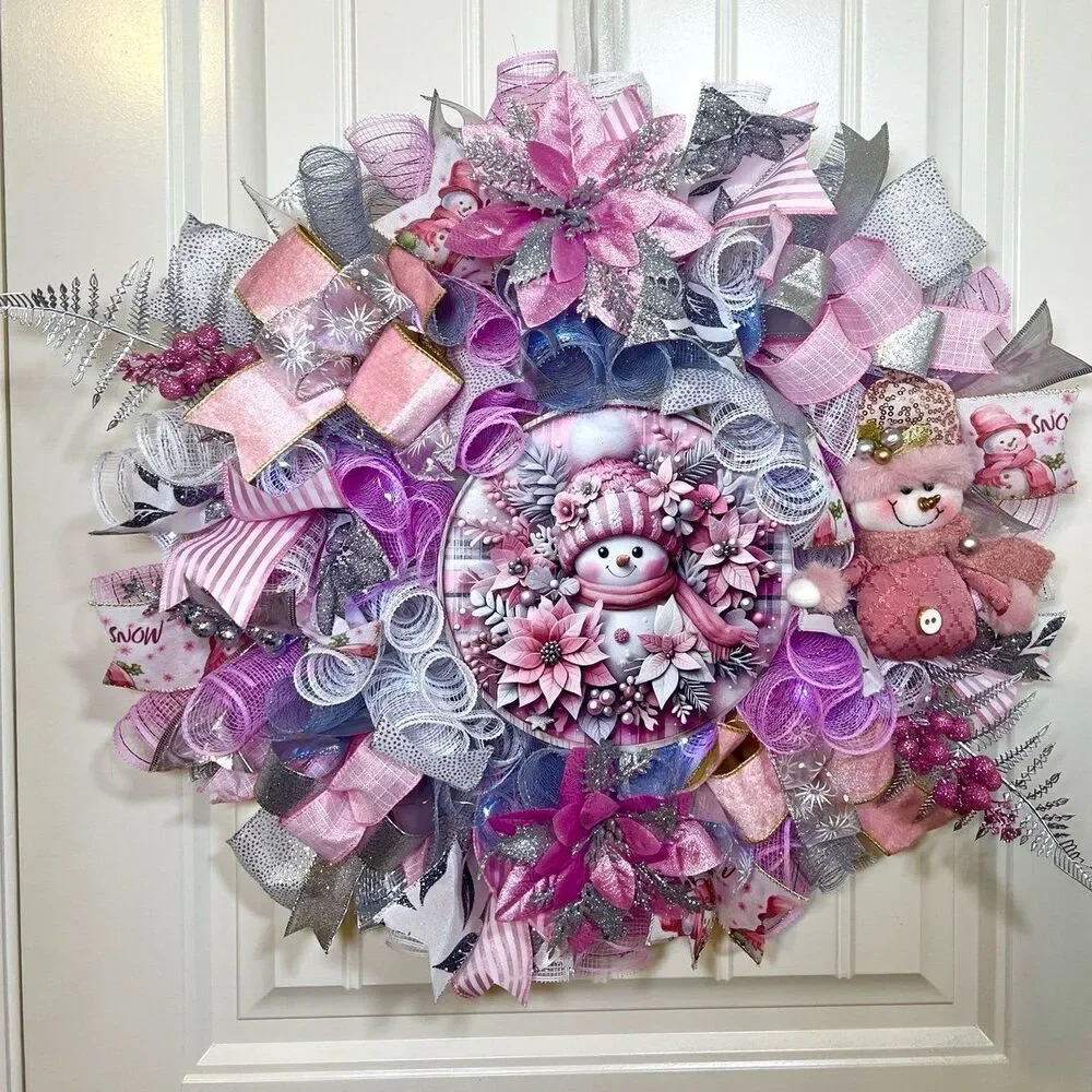 Handmade Pink Winter Snowman Holiday Ribbon Door Wreath 22 ins W80